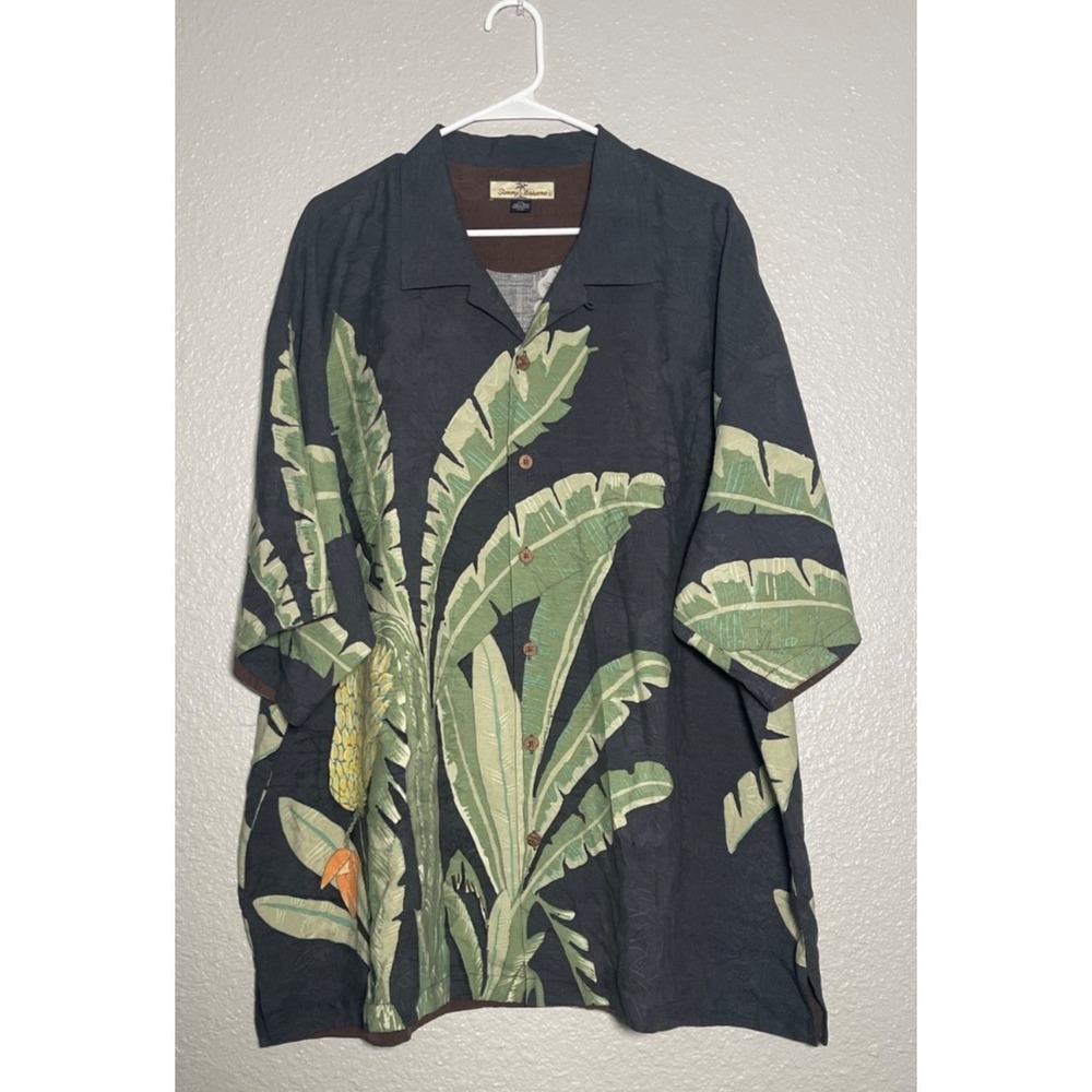 Tommy Bahama Silk Shirt Men's Size XXL Gray Palm Leaf Print Hawaiian Button Up